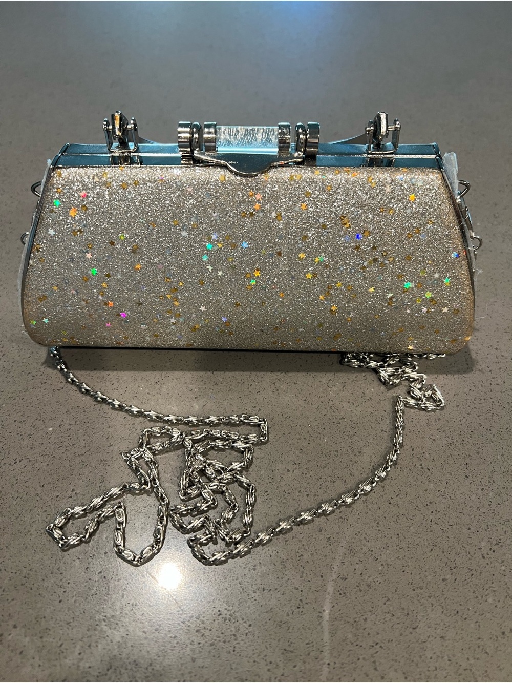 Silver Glitter Star Clutch Bag with Chain Strap